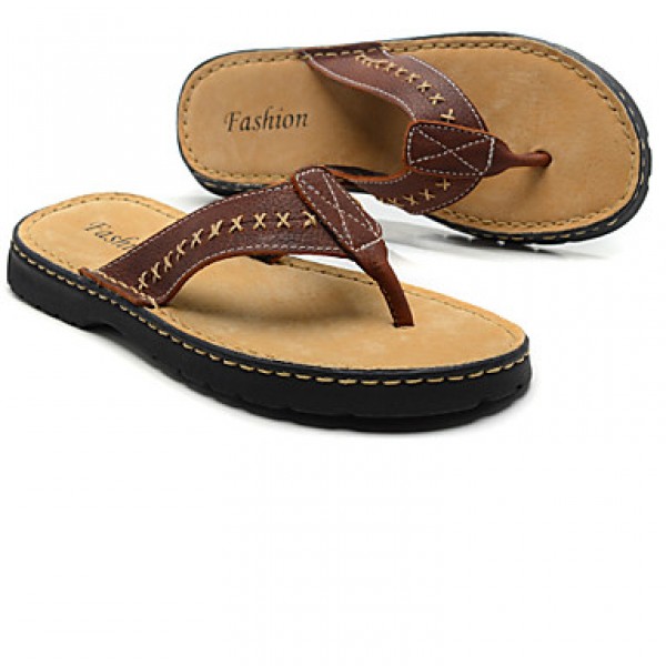 Men's Shoes Outdoor Leather Slippers Black/Brown  