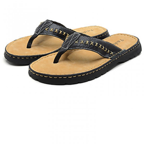 Men's Shoes Outdoor Leather Slippers Black/Brown  