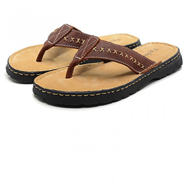 Men's Shoes Outdoor Leather Slippers Black/Brown  