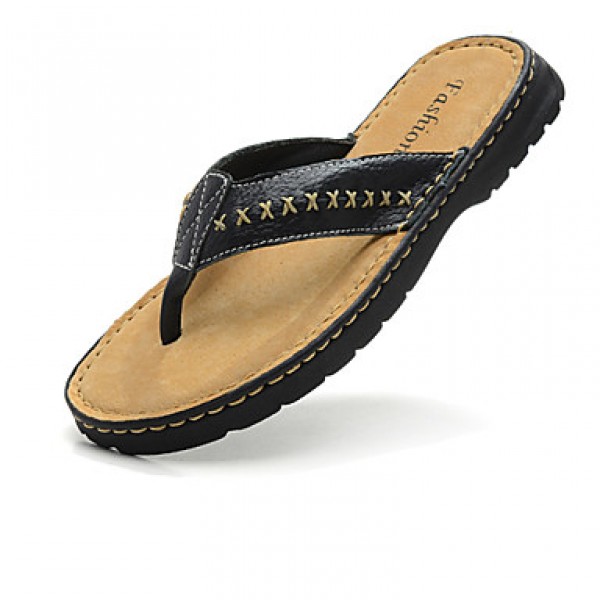 Men's Shoes Outdoor Leather Slippers Black/Brown  